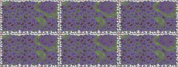 Kağıt, kumaş ve ambalaj için uygun. Mor renkli illüstrasyon. Raster çiçekli, kelebekli kusursuz desen..