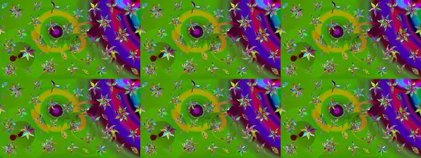 Renkli Bahar Teması eskiz kalıbı. Yeşil renkli şirin çiçek deseni. Raster Modaya uygun kumaş deseni. Düz Çiçek Elementleri Tasarımı.