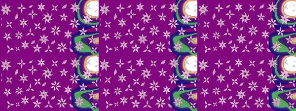 Raster illüstrasyonu. Şirin çiçekli eskiz deseni ve mor renkli yapraklar, suluboya çiçek deseni, duvar kağıdı, kart veya kumaş için fayanslı.