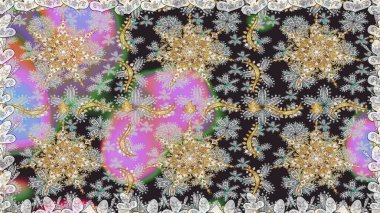 Raster altın tekstil baskısı. Çiçek kiremitleri. İslam tasarımı. Kusursuz desenli oryantal süs. Altın elementlerle gri renklerde altın desen.