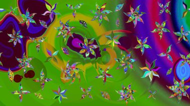 Raster illüstrasyonundaki çiçek desenli çizim. Yeşil renkte çiçekler.