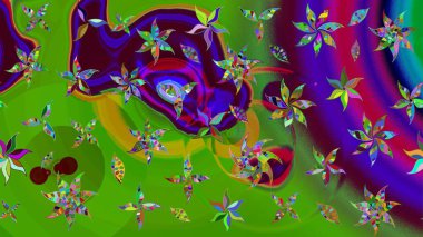 Yaprak ve çiçeklerin suluboya resimleri, yeşil renkte çizimler. Raster illüstrasyonu. Yumuşak, yeşil renkte bahar çiçekleri.