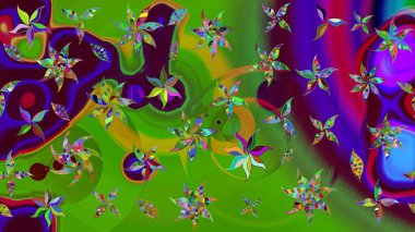 Düz Çiçek Elementleri Tasarımı. Yeşil renkli şirin çiçek deseni. Renkli Bahar Teması eskiz kalıbı. Raster Modaya uygun kumaş deseni.