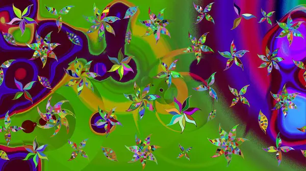 Düz Çiçek Elementleri Tasarımı. Yeşil renkli şirin çiçek deseni. Renkli Bahar Teması eskiz kalıbı. Raster Modaya uygun kumaş deseni.