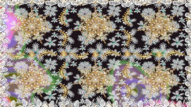 Doğu tarzında klasik tasarım öğesi. Gri renkli geleneksel Arapça dekor. Süslü dantel iz sürücü. Çiçekli süslemeli, pürüzsüz bir desen. Duvar kağıdı için altın süslü illüstrasyon.