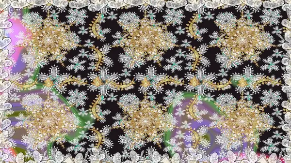 Doğu tarzında klasik tasarım öğesi. Gri renkli geleneksel Arapça dekor. Süslü dantel iz sürücü. Çiçekli süslemeli, pürüzsüz bir desen. Duvar kağıdı için altın süslü illüstrasyon.