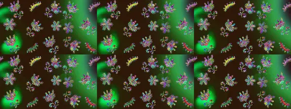 Kar tanelerinin soyut arkaplanlı Noel şablonu. Kahverengi, yeşil ve gri kar taneleri. Raster illüstrasyonu. Renkler. Noel ve Yeni Yıl moda baskıları için tatil tasarımı.