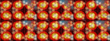 Noel ve yeni yıl moda baskıları için tatil tasarımı. Kırmızı ve sarı kar taneleri. Kar tanelerinin soyut arkaplanlı Noel şablonu. Raster illüstrasyonu.