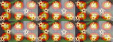 Raster illüstrasyonu. Kar tanelerinin soyut arkaplanlı Noel şablonu. Noel ve yeni yıl moda baskıları için tatil tasarımı. Gri, kahverengi ve nötr kar taneleri.