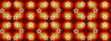 Raster illüstrasyonu. Kırmızı ve turuncu kar taneleri. Noel ve yeni yıl moda baskıları için tatil tasarımı. Kar tanelerinin soyut arkaplanlı Noel deseni.