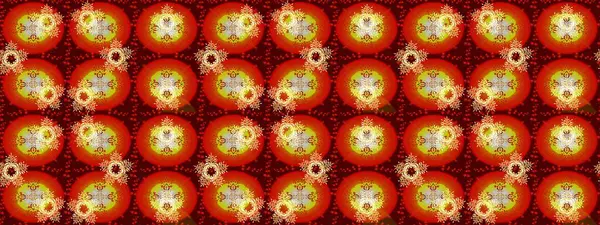 Raster illüstrasyonu. Kırmızı ve turuncu kar taneleri. Noel ve yeni yıl moda baskıları için tatil tasarımı. Kar tanelerinin soyut arkaplanlı Noel deseni.