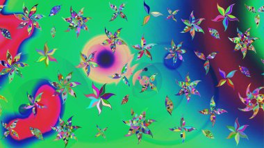 Raster düz çiçek çizim deseni. Hediye ambalaj kağıdı, tebrik kartları, posterler ve pankart tasarımı. Yeşil renkte çiçekler.