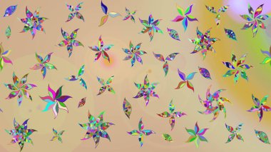 Çok renkli, zarif küçük çiçekler ve bej renkli komik böcekler, raster desen, illüstrasyon..