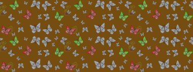 Kumaş, kağıt, ambalaj kâğıdı ve duvar kağıdı tasarımı için harika bir arka plan. Kahverengi kelebekler. Egzotik hayvanlar. Raster illüstrasyonu. Çizim.