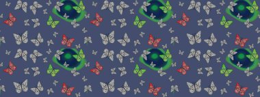 Kağıt, kumaş, ambalaj kağıdı ve duvar kâğıdı tasarımı için hoş bir arkaplan. Raster. Çocuk kelebek çizim kalıbı. Mavi renkte sanat kelebekleri.