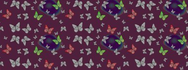 Kahverengi renklerin soyut arkaplanı. Elle çizilmiş kelebeklerle. Renkli romantik kelebekler eskizler çiziyor. Dekoratif Raster illüstrasyonu.