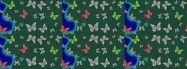 Farklı renkte kelebeklerin çizimi. Giysi tarzı için yeşil arka planda dekorasyon. Raster illüstrasyonu. Fantezi renkli resimler koleksiyonu. Tasarım için Raster Kelebekleri.