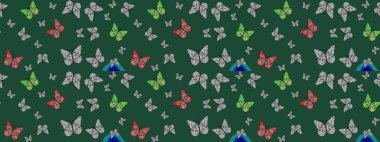 Kumaş, kağıt, ambalaj kâğıdı ve duvar kağıdı tasarımı için güzel bir arka plan. Raster illüstrasyonu. Renkli kelebeklerin eskiz arka planı.