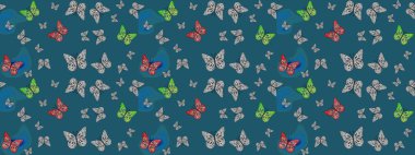 Mavi arka planda uçan güzel kelebek. Kumaş, tekstil, baskı ve davetiye örnekleri. Doğadaki güzellik. Çizim kalıbı. Raster..