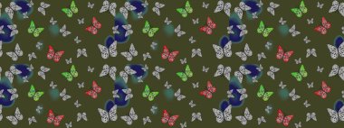 Renkli romantik kelebekler eskizler çiziyor. Elle çizilmiş kelebeklerle. Dekoratif Raster çizimi. Yeşil renklerde soyut arkaplan.