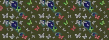 Raster. Kelebekli Raster. Kıyafetler, erkekler, kızlar ve duvar kağıtları için soyut çizim kalıbı. Yeşil renkli illüstrasyon.