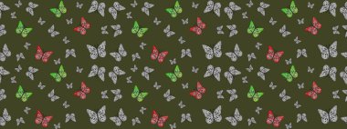 Raster illüstrasyonu. Yeşil arka planda kelebek. Rastgele yeşil kelebekler şirin desenler. Davetiye, kart ve parmak izi için basit kadınsı bir model. Çizim.