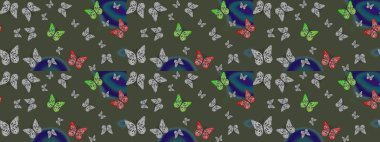 Kumaş, kağıt, ambalaj kâğıdı ve duvar kağıdı tasarımı için hoş bir arka plan. Yeşil. Kelebeklerle çizim yapın.