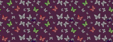 Giysi tasarımı için kahverengi arka planda dekorasyon. Renkli kelebeklerin eskiz geçmişi. Raster illüstrasyonu.