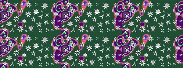 Çok yeşil zarif küçük çiçekler ve yeşil renkli komik böcekler, raster desen, illüstrasyon.