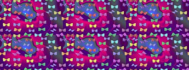 Renkli kelebeklerin arka planı. Raster illüstrasyonu. Giysi tasarımı için mor arkaplan üzerine dekorasyon.