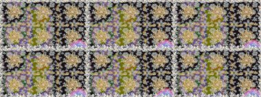 Altın antika ortaçağ dekoratifi, yapraklar ve gri renkli altın desenli süslemeleri olan pürüzsüz bir şablon. Kusursuz kraliyet lüksü, altın barok kumaş rengi..