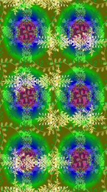 Güzel soyut kar taneleri raster tasarımı. Yeni yıl kar tanesi. Düz kar karalama ikonları, kar taneleri silueti yeşil, mavi ve sarı renklerde Noel afişi, kartlar.