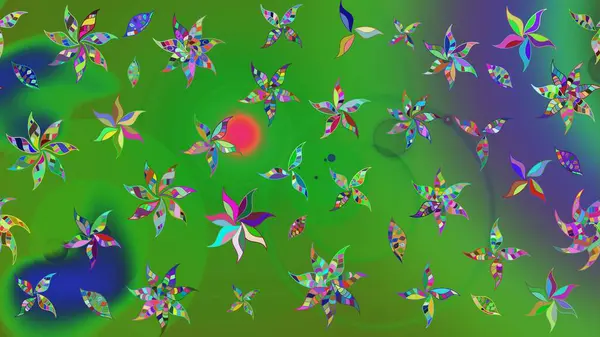 Çiçekli karalama şeklinde Raster çiçek deseni. Yeşil renkli çiçekler. Yumuşak, bahar çiçekli arka plan.