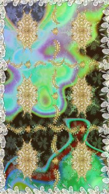 Klasik raster sarısı, kusursuz desen. Çiçek süsü kumaş deseni, cam, çiçek desenli metal altın elementli yeşil renkte.