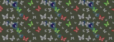 Çizim, karalama, karalama. Sonsuz. Yeşil üzerine güzel bir kelebek kumaşı çizimi. Raster illüstrasyonu. Bahar Kelebeği teması. Giysi kumaşı için böcek kumaşı parçası tekrarlanıyor.