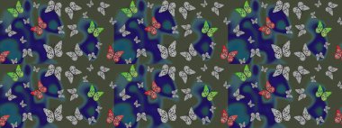 Raster. Kelebek tasviri. Sırtın için parlak bir dövme. Yeşil arka planda güzel renkli kelebek. Tropik gerçekçi kelebek.