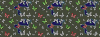 Raster illüstrasyonu. Renkli kelebeklerin eskiz geçmişi. Kumaş, kağıt, ambalaj kâğıdı ve duvar kağıdı tasarımı için güzel bir arkaplan..