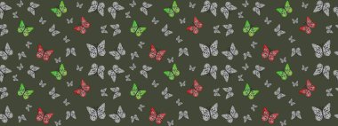 Yeşil arka planda renkli kelebekler. Kelebekli renkli folklor deseni. Paketleme, kağıt, kumaş için uygun.