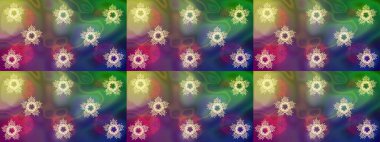 Düz kar karalama ikonları, kar taneleri yeşil, mor ve noel afişi için nötr renkler, kartlar. Yeni yıl kar tanesi. Güzel soyut kar taneleri raster tasarımı..