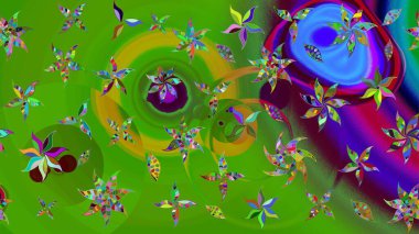 Raster - stok. Yapraklı çiçekler ve yeşil renkli papatya çiçekleri. Taslak arkaplan deseni.