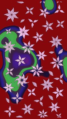 1950-1960 motifleri. Retro tekstil tasarım koleksiyonu. Kırmızının üstüne kırmızı. Çiçekli ipek eşarp. El çizimi çiçek elementleri ile soyut çizim raster deseni.