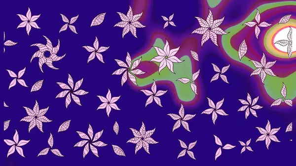 Düz Çiçek Elementleri Tasarımı. Renkli Bahar Teması eskiz kalıbı. Çiçek desenli çizim. Mavi renkli çiçekler. Raster illüstrasyonu. Asya tekstil tarzında.