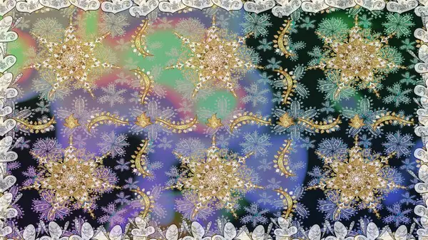 Gri renkler ve altın elementler üzerinde altın pürüzsüz desen. Raster illüstrasyonu. Kusursuz damaske klasik altın desen. Tekrarlayan ögelerle soyut arkaplan Raster.