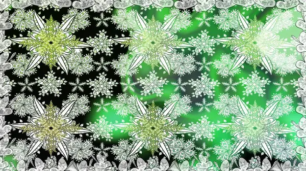 Düz Çiçek Elementleri Tasarımı. Renkli Bahar Temalı Kusursuz Arkaplan. Çiçekle kusursuz desen. Yeşil renkte çiçekler.