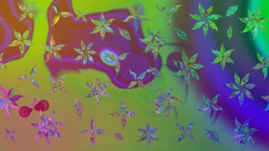 Çok yeşil zarif küçük çiçekler ve yeşil renkli komik böcekler, raster desen, illüstrasyon.