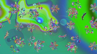 Düz Çiçek Elementleri Tasarım Raster illüstrasyonu. Çiçek desenli eskiz. Renkli Bahar Teması eskiz kalıbı. Yeşil renkte çiçekler.