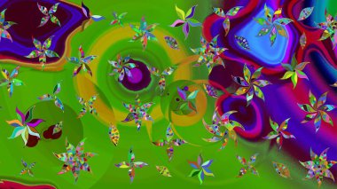 Düz Çiçek Elementleri Tasarımı. Renkli Bahar Teması eskiz kalıbı. Yeşil renkli çiçekler. Sevimli çiçek raster deseni.