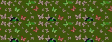Raster illüstrasyonu. Yeşil arka planda kelebek desenli çizim. Kumaş, kağıt, ambalaj kağıdı ve duvar kağıdı tasarımı için sevimli bir arkaplan.