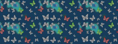 Kelebekli soyut çiçek arkaplanı çiz. Sonsuz. Raster. Moda Kumaşı Tasarımı. Çizim, karalama, karalama.