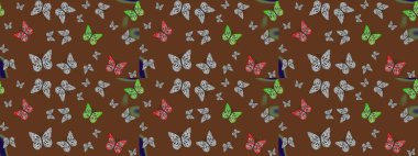 Kumaş, kağıt, ambalaj kâğıdı ve duvar kağıdı tasarımı için harika bir arka plan. Raster. Kelebek desenli kahverengiler. Çizim.